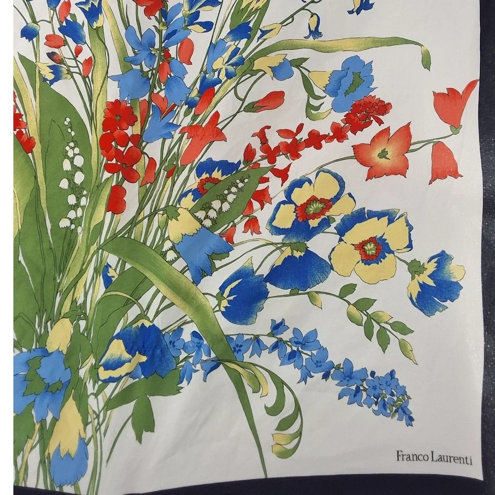 Franco Laurenti Floral Wildflower Square Scarf Navy Blue White Border 28x28